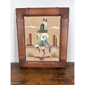 Navajo Sand Painting Yei Bei Chai Signed Johnson Leather Wrap Wood Frame 10x12‎